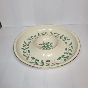 Vintage Lenox Holiday Chip and Dip, Holly Berries & Gold Trim. Christmas Dish